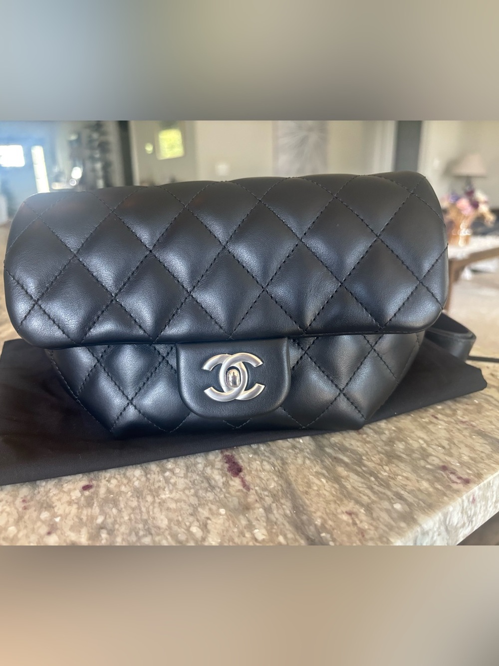 Chanel Vintage Employee Uniform Quilted Belt Bag Sling Black Silver Hardware